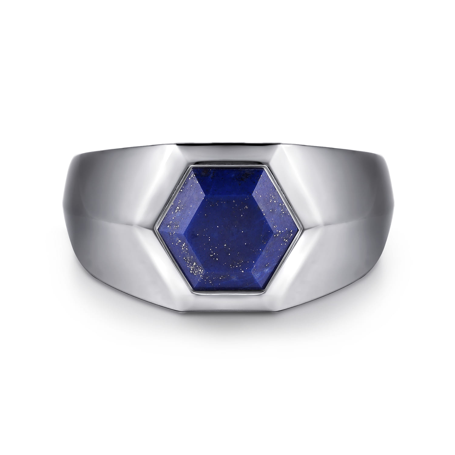 Wide 925 Sterling Silver Signet Ring with Faceted Lapis Stone in High Polish Finish
