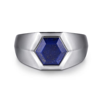 Wide 925 Sterling Silver Signet Ring with Faceted Lapis Stone in High Polish Finish