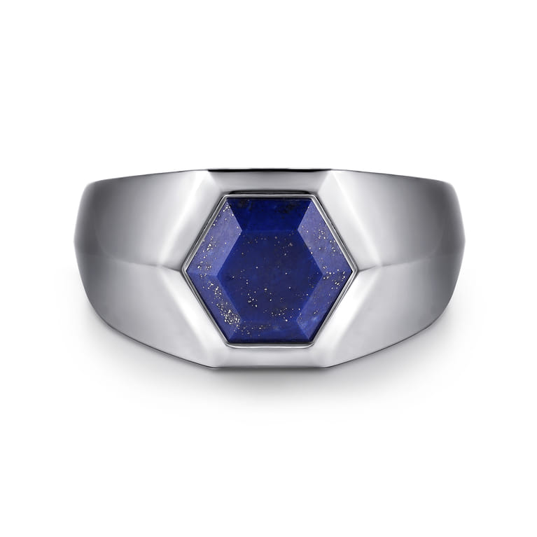 Wide 925 Sterling Silver Signet Ring with Faceted Lapis Stone in High Polish Finish - Shot 1