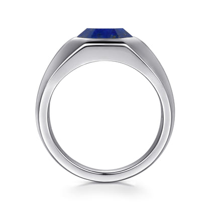 Wide 925 Sterling Silver Signet Ring with Faceted Lapis Stone in High Polish Finish
