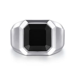 Wide 925 Sterling Silver Signet Ring with Faceted Onyx Stone in High Polish Finish