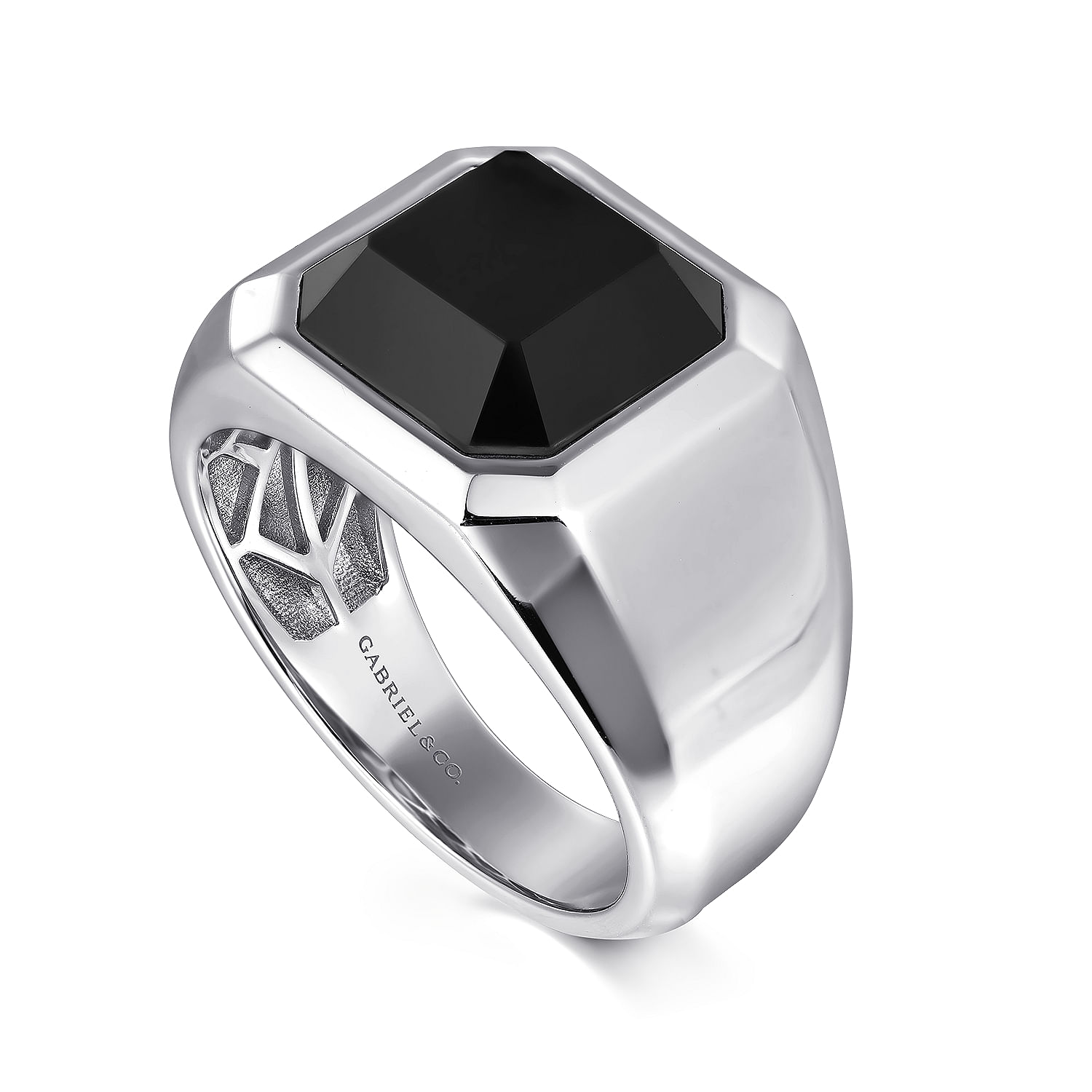 Wide 925 Sterling Silver Signet Ring with Faceted Onyx Stone