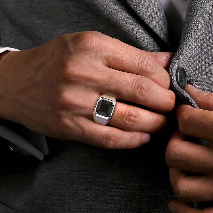Wide 925 Sterling Silver Signet Ring with Faceted Onyx Stone in High Polish Finish