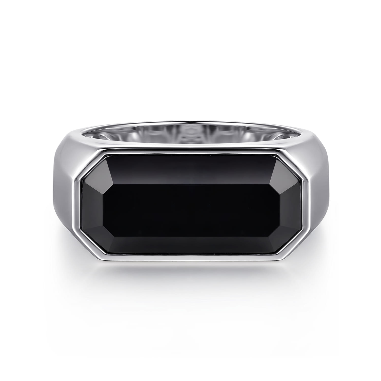 Wide 925 Sterling Silver Signet Ring with Faceted Onyx Stone in High Polish Finish