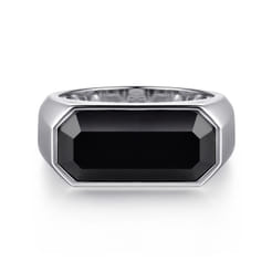 Wide 925 Sterling Silver Signet Ring with Faceted Onyx Stone in High Polish Finish