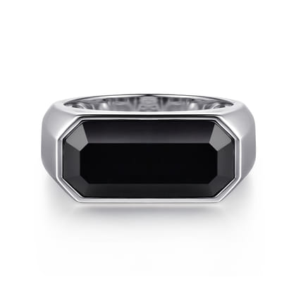 Wide 925 Sterling Silver Signet Ring with Faceted Onyx Stone in High Polish Finish