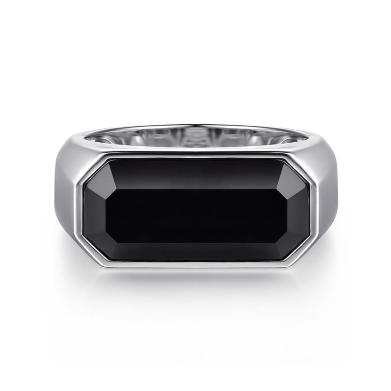 Wide 925 Sterling Silver Signet Ring with Faceted Onyx Stone in High Polish Finish - Shot 1