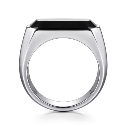 Wide 925 Sterling Silver Signet Ring with Faceted Onyx Stone in High Polish Finish