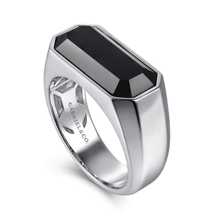 Wide 925 Sterling Silver Signet Ring with Faceted Onyx Stone in High Polish Finish