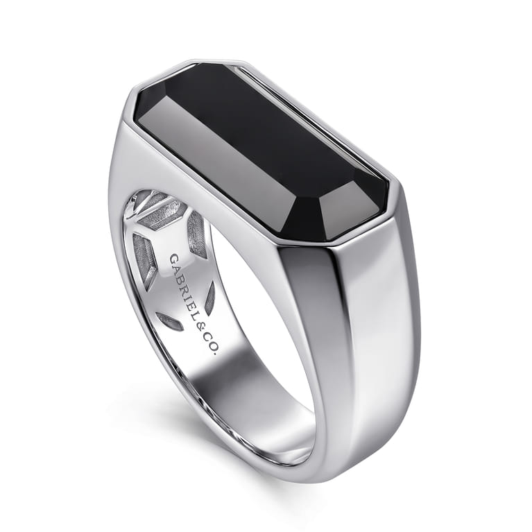 Wide 925 Sterling Silver Signet Ring with Faceted Onyx Stone in High Polish Finish - Shot 3