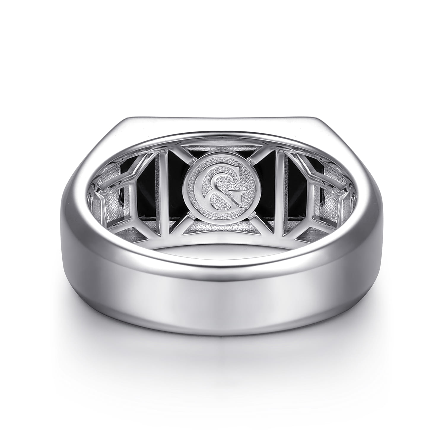 Wide 925 Sterling Silver Signet Ring with Faceted Onyx Stone in High Polish Finish