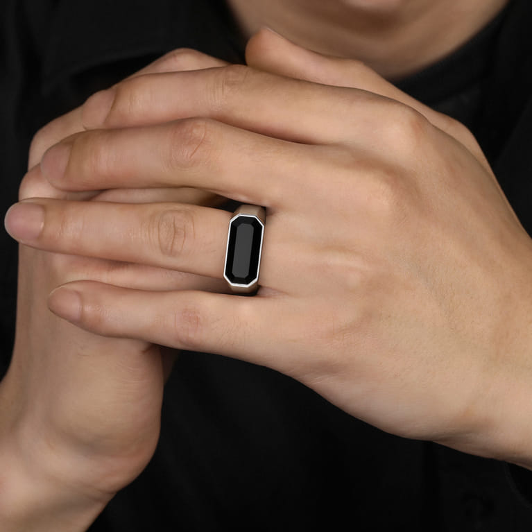 Wide 925 Sterling Silver Signet Ring with Faceted Onyx Stone in High Polish Finish - Shot 6