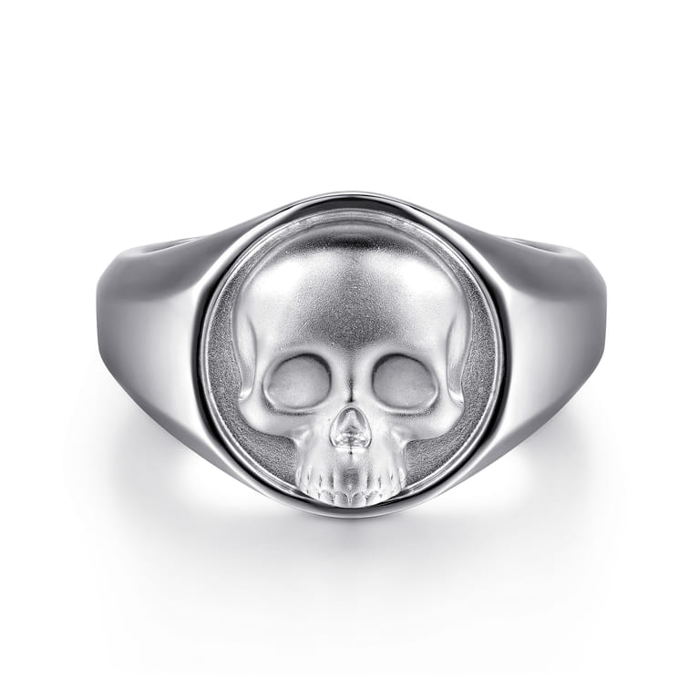 Wide 925 Sterling Silver Skull Signet Ring in Sand Blast Finish - Shot 1