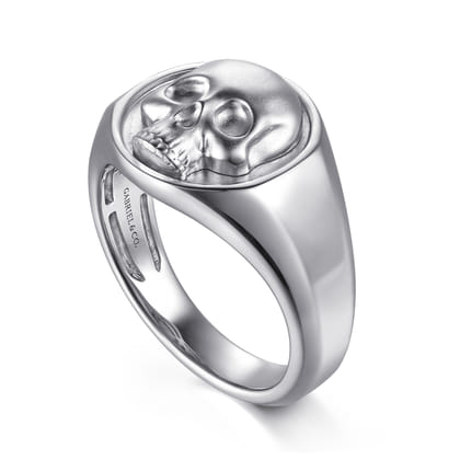 Wide 925 Sterling Silver Skull Signet Ring in Sand Blast Finish