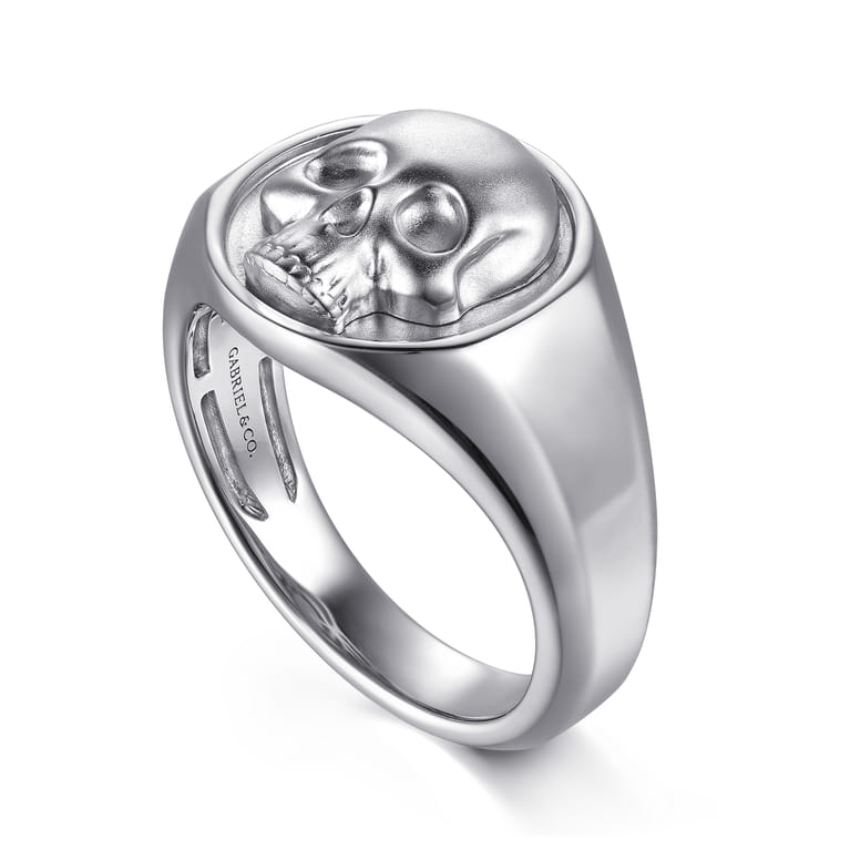 Wide 925 Sterling Silver Skull Signet Ring in Sand Blast Finish - Shot 3