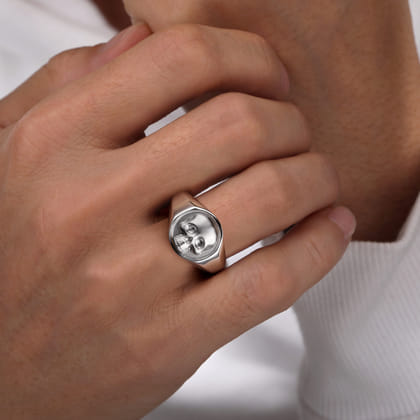 Wide 925 Sterling Silver Skull Signet Ring in Sand Blast Finish