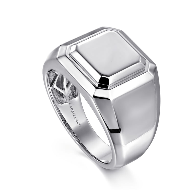 Wide 925 Sterling Silver Square Men's Faceted Signet Ring - Shot 3