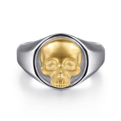 Wide 925 Sterling Silver and 14K Yellow Gold Skull Signet Ring