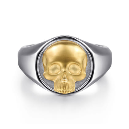 Wide 925 Sterling Silver and 14K Yellow Gold Skull Signet Ring