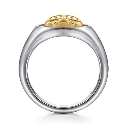 Wide 925 Sterling Silver and 14K Yellow Gold Skull Signet Ring