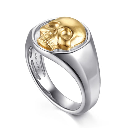 Wide 925 Sterling Silver and 14K Yellow Gold Skull Signet Ring