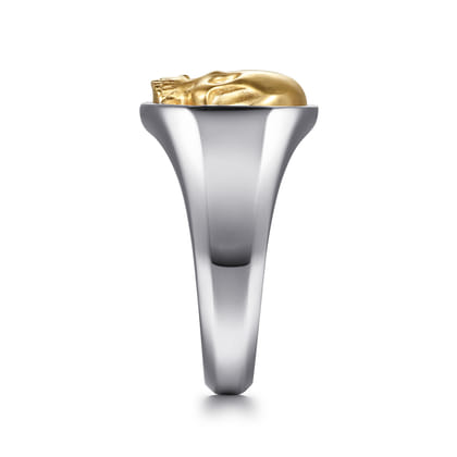Wide 925 Sterling Silver and 14K Yellow Gold Skull Signet Ring