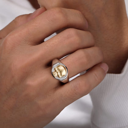 Wide 925 Sterling Silver and 14K Yellow Gold Skull Signet Ring