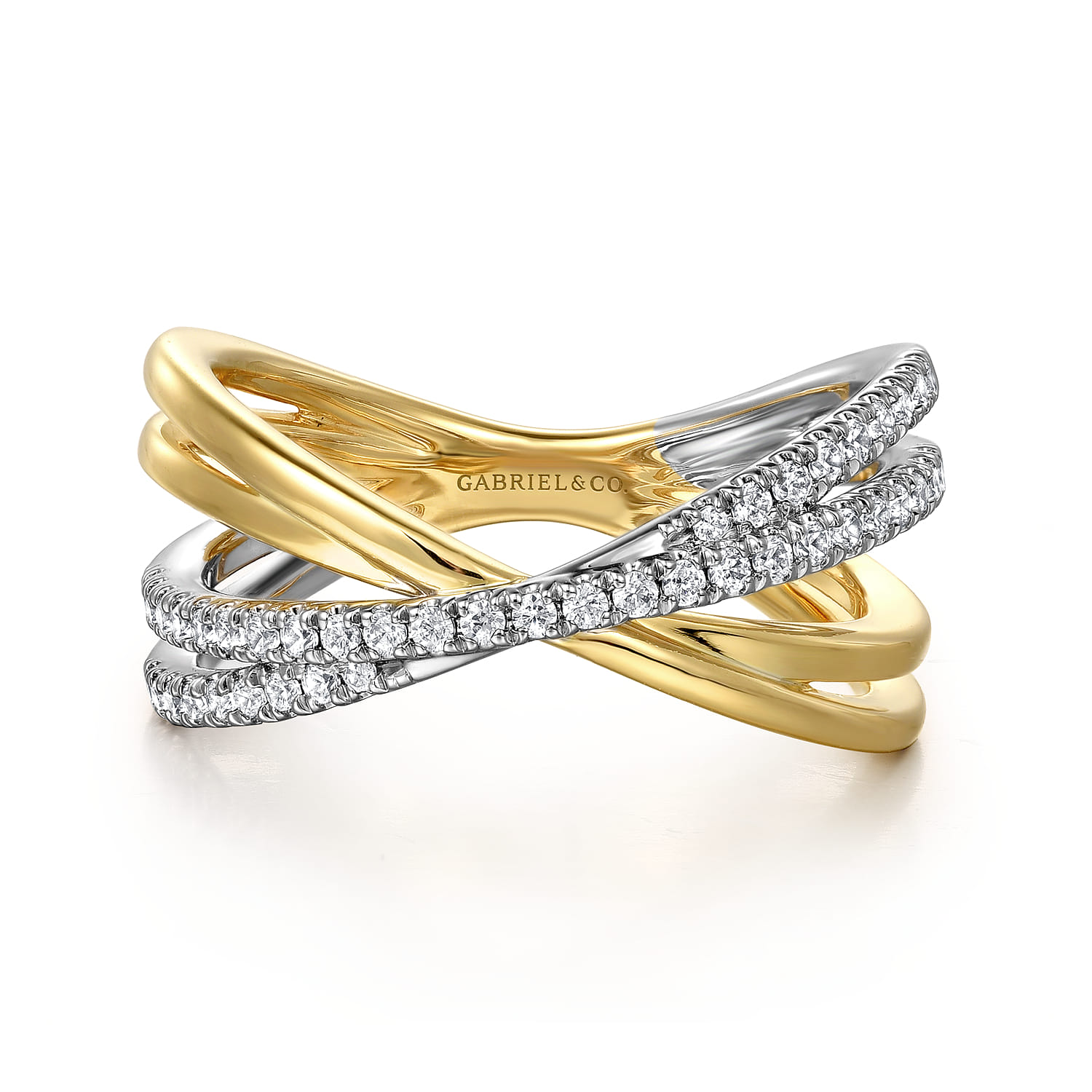 Wide Band Criss Cross Ring 14K White and Yellow Gold Diamond 0.25ct