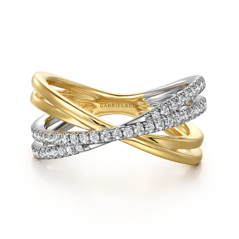 Wide Band Criss Cross Ring 14K White and Yellow Gold Diamond 0.25ct - 0.25 ct - Shot 1
