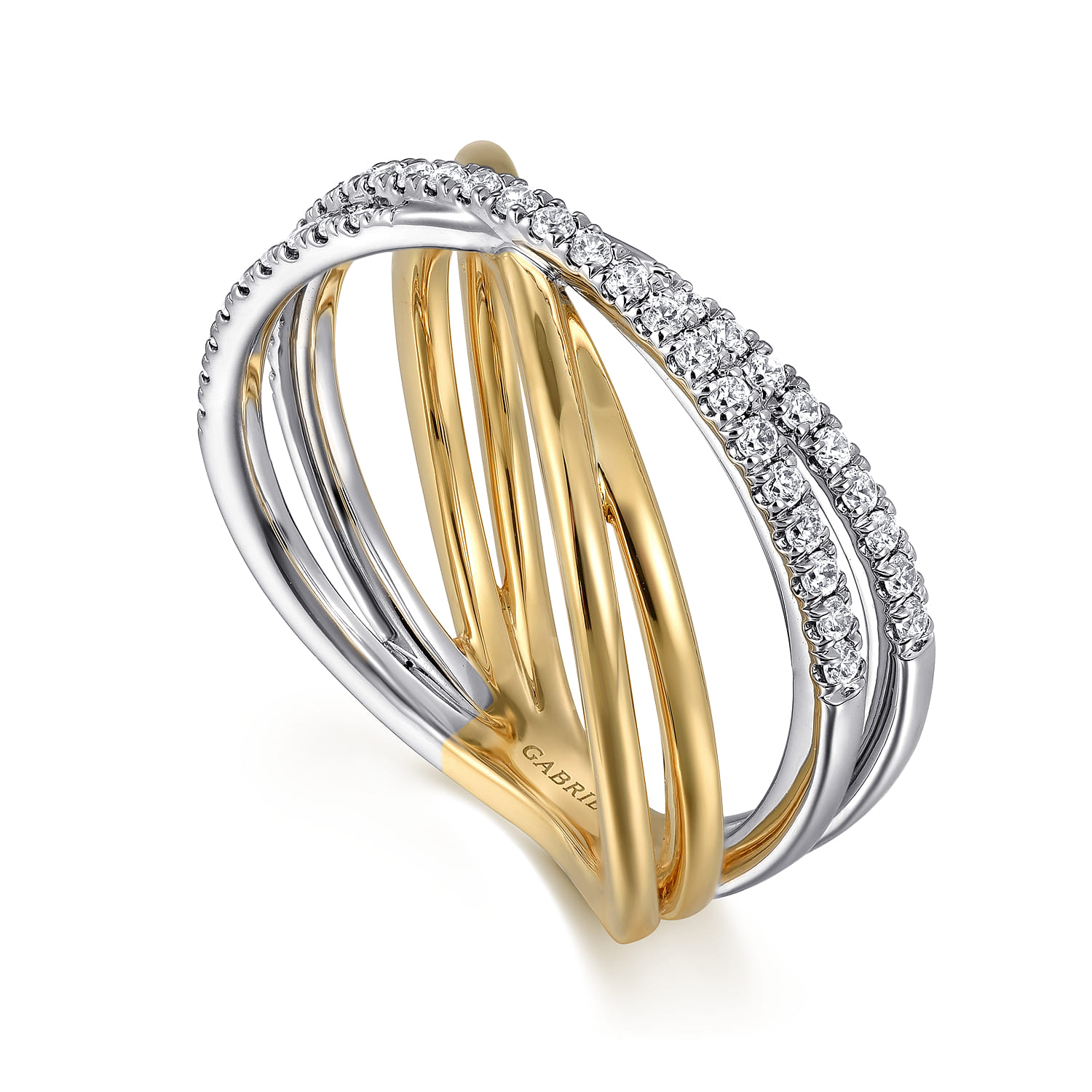 Wide Band Criss Cross Ring 14K White and Yellow Gold Diamond 0.25ct