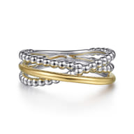 Wide Band Criss Cross Ring 14K Yellow Gold and 925 Sterling Silver