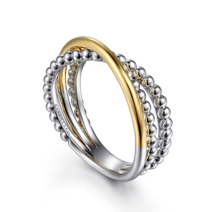 Wide Band Criss Cross Ring 14K Yellow Gold and 925 Sterling Silver