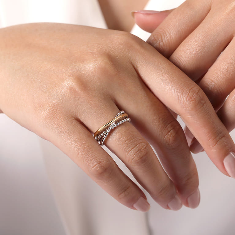 Wide Band Criss Cross Ring 14K Yellow Gold and 925 Sterling Silver - Shot 5