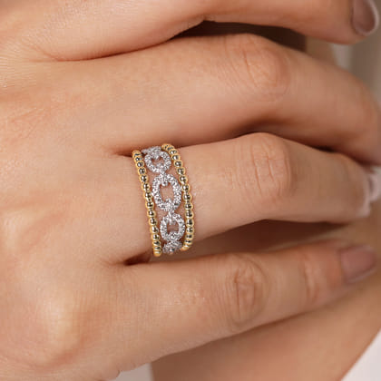 Wide Band Easy-Stack Ring 14K White and Yellow Gold Diamond 0.35ct Bujukan