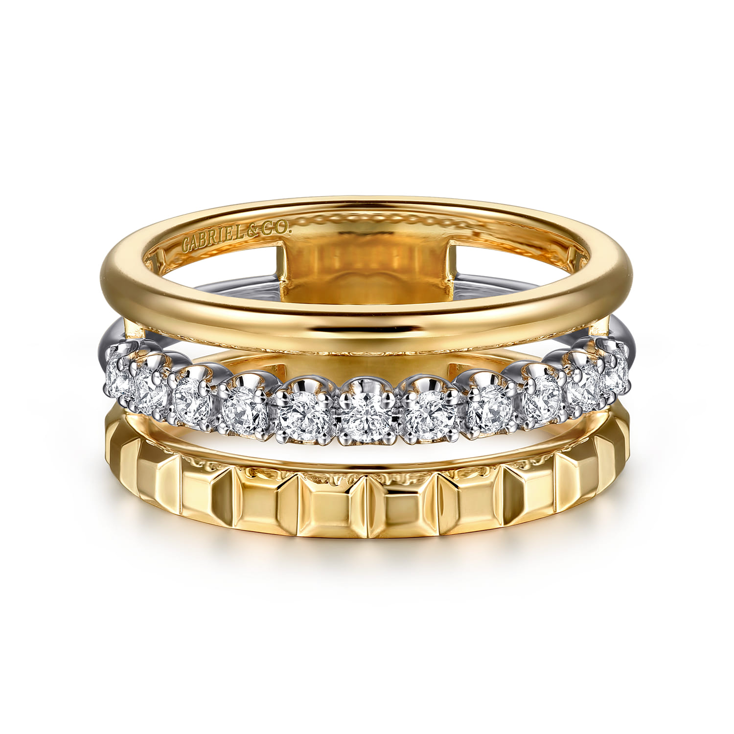 Wide Band Easy-Stack Ring 14K White and Yellow Gold Diamond 0.3ct