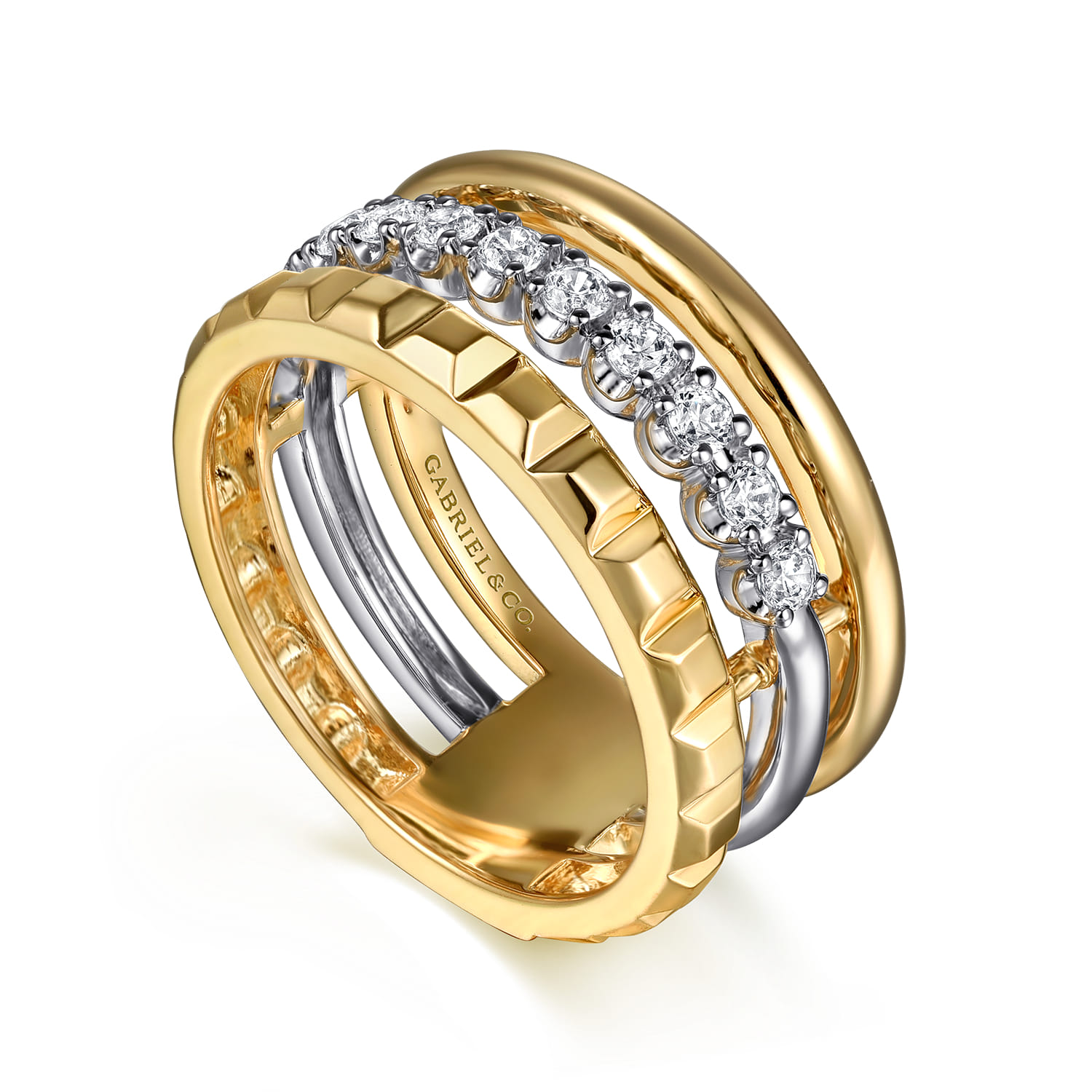 Wide Band Easy-Stack Ring 14K White and Yellow Gold Diamond 0.3ct