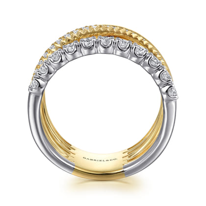 Wide Band Easy-Stack Ring 14K White and Yellow Gold Diamond 0.65ct