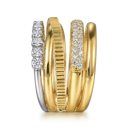 Wide Band Easy-Stack Ring 14K White and Yellow Gold Diamond 0.65ct