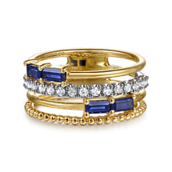 Wide Band Easy-Stack Ring 14K White and Yellow Gold Diamond and Blue Sapphire 0.2ct