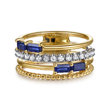 Wide Band Easy-Stack Ring 14K White and Yellow Gold Diamond and Blue Sapphire 0.2ct