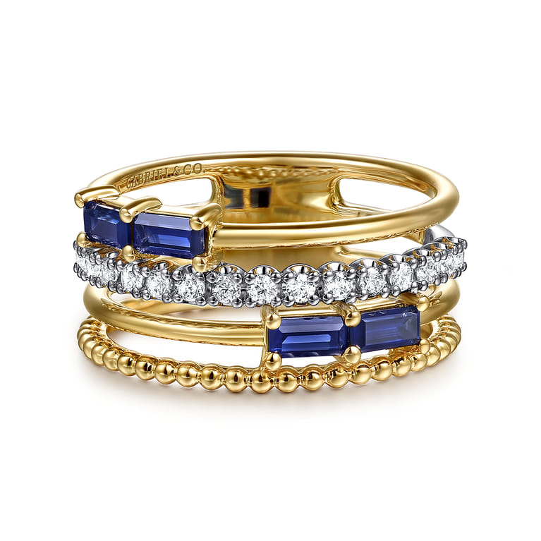 Wide Band Easy-Stack Ring 14K White and Yellow Gold Diamond and Blue Sapphire 0.2ct - 0.2 ct - Shot 1