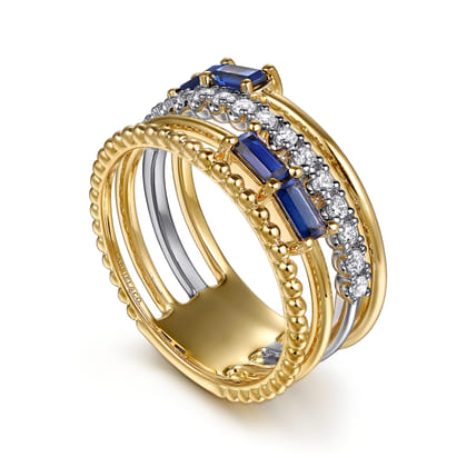 Wide Band Easy-Stack Ring 14K White and Yellow Gold Diamond and Blue Sapphire 0.2ct