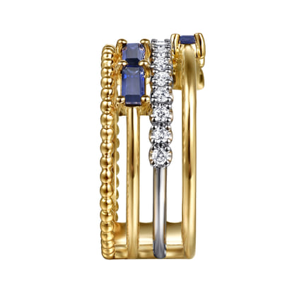 Wide Band Easy-Stack Ring 14K White and Yellow Gold Diamond and Blue Sapphire 0.2ct