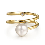 Wide Band Wrap Ring 14K Yellow Gold Diamond and Pearl 0.02ct