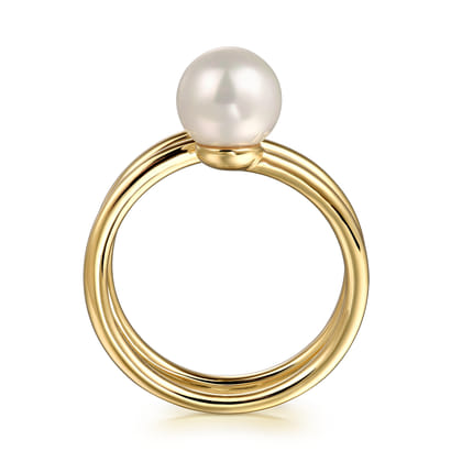Wide Band Wrap Ring 14K Yellow Gold Diamond and Pearl 0.02ct