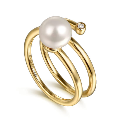 Wide Band Wrap Ring 14K Yellow Gold Diamond and Pearl 0.02ct