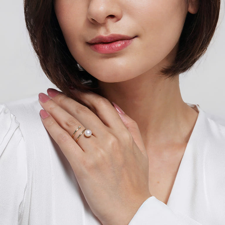 Wide Band Wrap Ring 14K Yellow Gold Diamond and Pearl 0.02ct - 0.02 ct - Shot 6