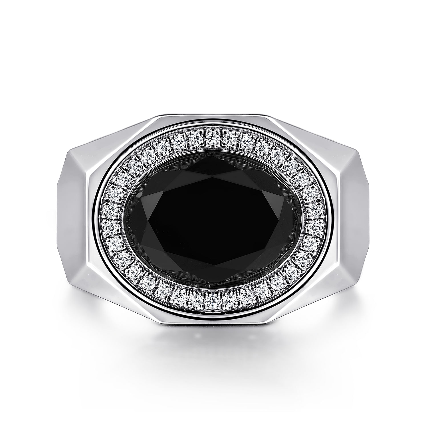 Wide Sterling Silver Ring with Faceted Onyx Stone in High Polish Finish