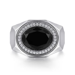 Wide Sterling Silver Ring with Faceted Onyx Stone in High Polish Finish