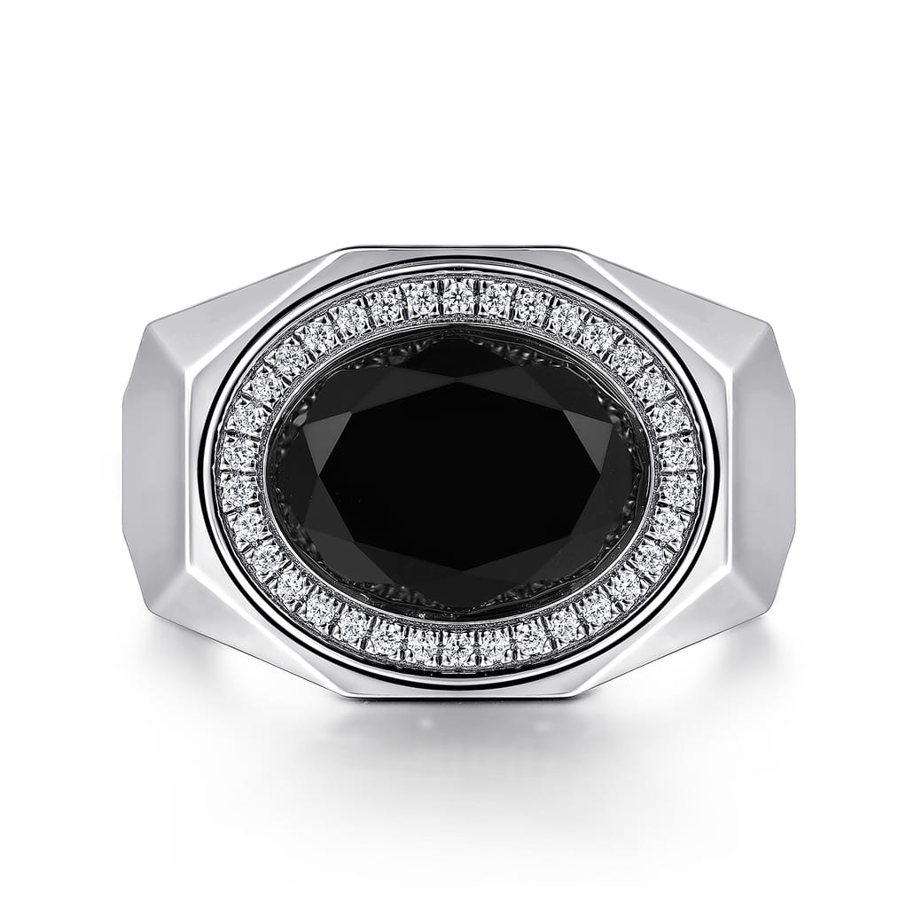 Wide Sterling Silver Ring with Faceted Onyx Stone in High Polish